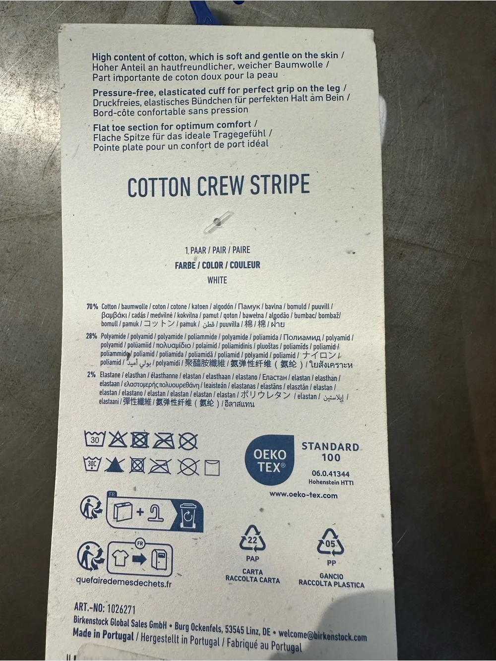 Birkenstock White Crew Socks with Blue Logo and Red Stripe
